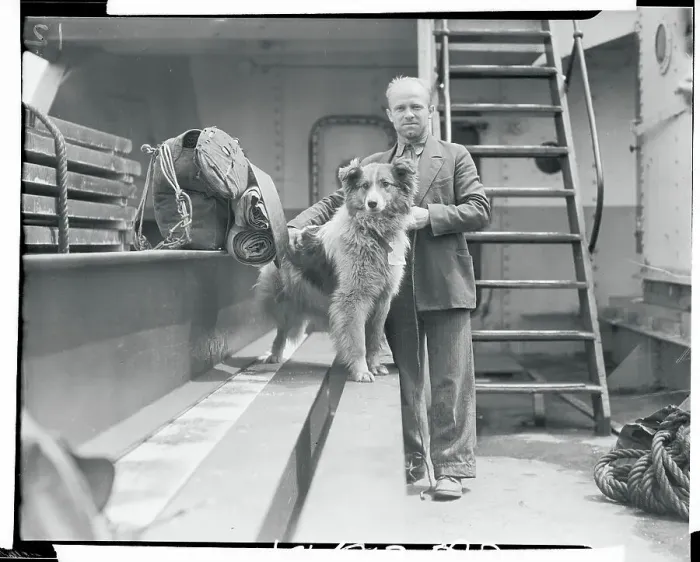 Framed Print : Ship Passenger with His Dog Framed Print : Ship Passenger with His Dog