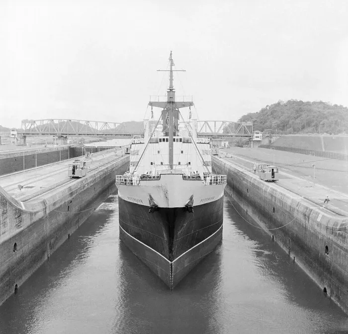 Framed Print : Ship Being Towed Through First Lock of Panama Canal Framed Print : Ship Being Towed Through First Lock of Panama Canal
