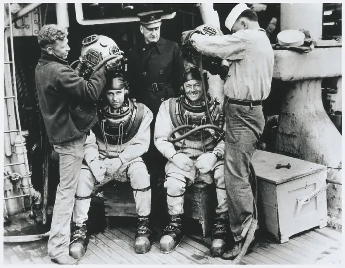 Framed Print : Shipmen Preparing Divers to Search for Missing Wreckage Framed Print : Shipmen Preparing Divers to Search for Missing Wreckage