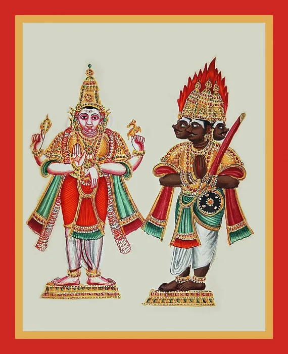 Framed Print : Shiva and Trishiras stand on low pedestals