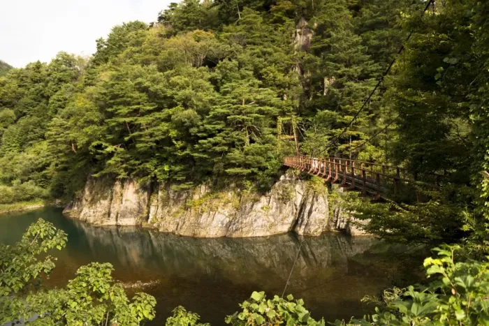 Framed Print : Sho river and a suspension bridge