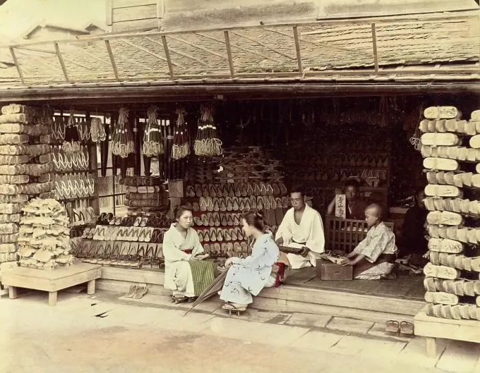Framed Print : Shoe shop, c. 1870, Japan, Historic, digitally restored reproduction from an original of the period Framed Print : Shoe shop, c. 1870, Japan, Historic, digitally restored reproduction from an original of the period