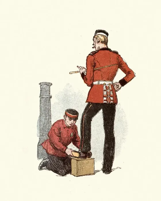 Framed Print : Shoeshiner polishing an officers boats, East London, 19th Century Framed Print : Shoeshiner polishing an officers boats, East London, 19th Century