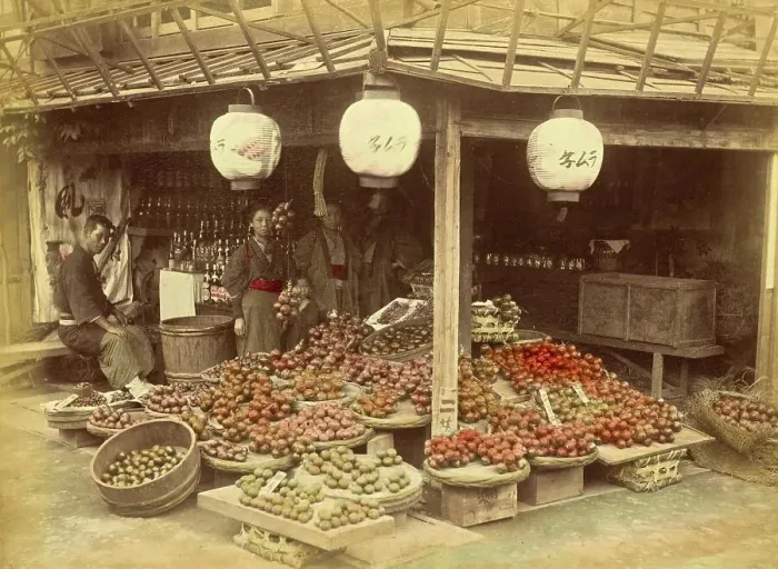 Framed Print : Shop for fruits, vegetables and other foodstuffs, c. 1870, Japan, Historic, digitally restored reproduction from an original of the time Framed Print : Shop for fruits, vegetables and other foodstuffs, c. 1870, Japan, Historic, digitally restored reproduction from an original of the time