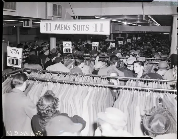 Framed Print : Shoppers Crowd Store for $11 Suits and Coats