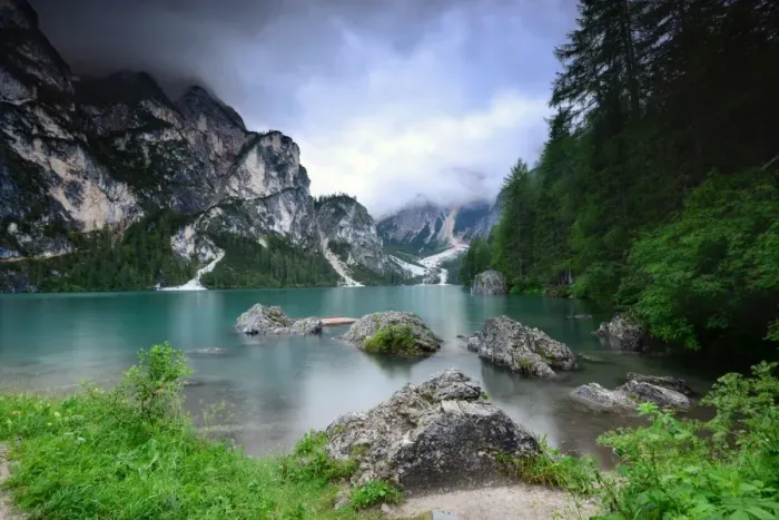 Framed Print : The Shore of Lago di Braies, Dolomites Framed Print : The Shore of Lago di Braies, Dolomites