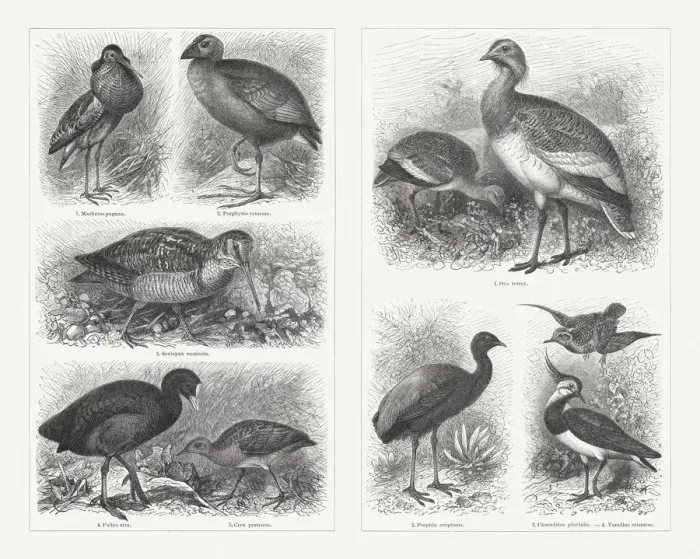 Framed Print : Shorebirds (Charadriiformes), wood engravings, published in 1897 Framed Print : Shorebirds (Charadriiformes), wood engravings, published in 1897