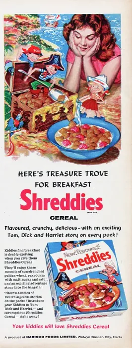 Framed Print : Shreddies. 1957: A girl looks at the three Shreddies cereal characters Tom, Dick, Framed Print : Shreddies. 1957: A girl looks at the three Shreddies cereal characters Tom, Dick,