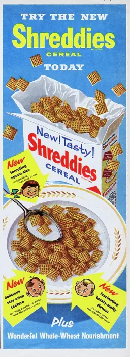 Framed Print : Shreddies. 1956: Advertisement for Shreddies breakfast cereal with the Framed Print : Shreddies. 1956: Advertisement for Shreddies breakfast cereal with the
