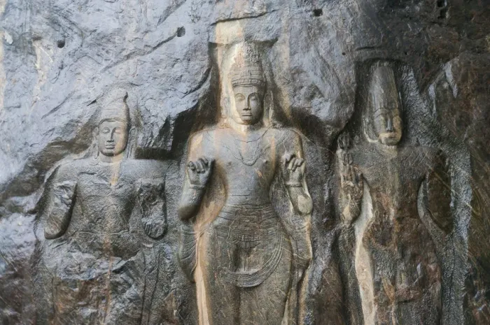 Framed Print : Shrine of Mahayana Buddhism, three old Buddha statues as rock reliefs, Buduruvagala, Wellawaya, Monaragala Distrikt, Sri Lanka