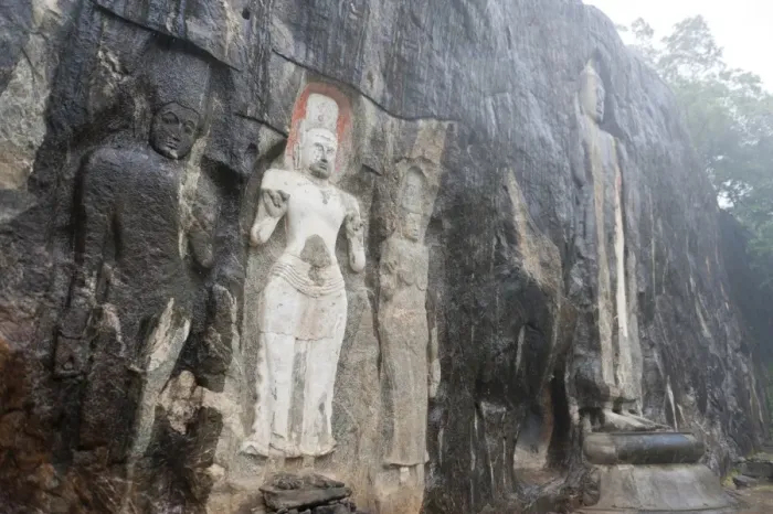 Framed Print : Shrine of Mahayana Buddhism, three old Buddha statues as rock reliefs, Avalokiteshvara in white, larger Buddha on the right, Buduruvagala, Wellawaya, Monaragala Distrikt, Sri Lanka