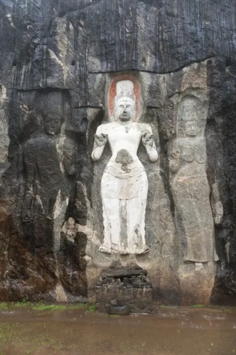 Framed Print : Shrine of Mahayana Buddhism, three old Buddha statues as rock reliefs, Avalokiteshvara in white, Tara on the right, Buduruvagala, Wellawaya, Monaragala Distrikt, Sri Lanka