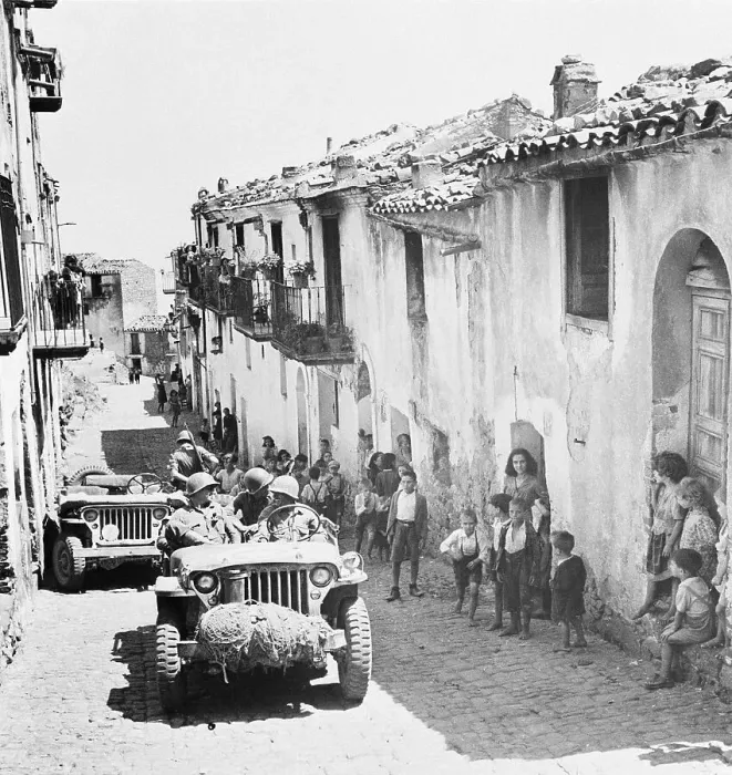 Framed Print : Sicilians Watch Army Veicles Roll / Street Framed Print : Sicilians Watch Army Veicles Roll / Street