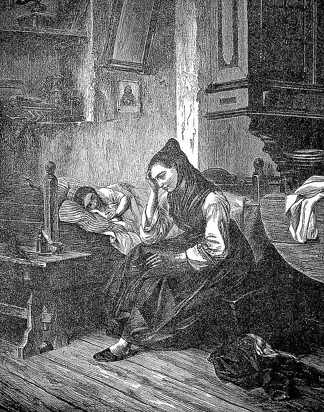 At the Sickbed, Mother Watching at the Bedside of the Sick Child, 1881, France, Historic, digital reproduction of an original 19th-century painting