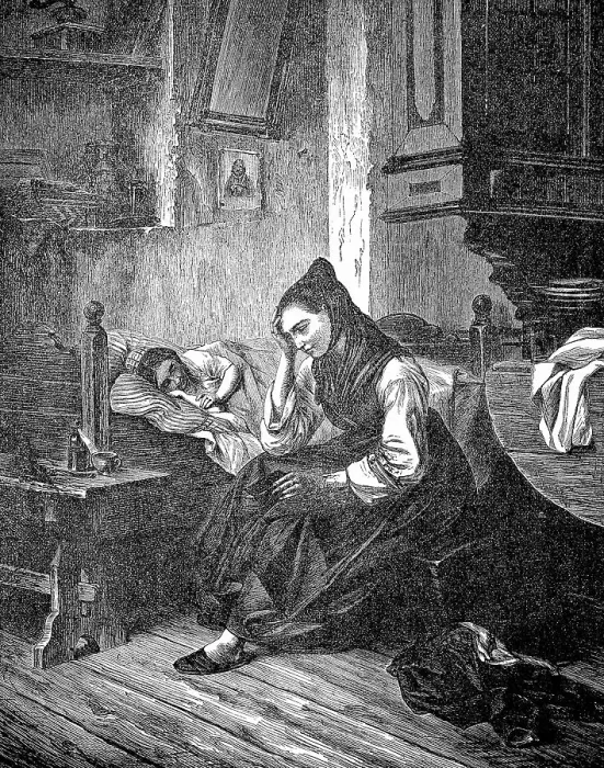 Framed Print : At the Sickbed, Mother Watching at the Bedside of the Sick Child, 1881, France, Historic, digital reproduction of an original 19th-century painting Framed Print : At the Sickbed, Mother Watching at the Bedside of the Sick Child, 1881, France, Historic, digital reproduction of an original 19th-century painting
