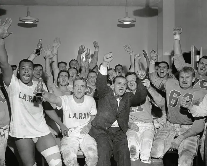 Framed Print : Sid Gillman and Rams Yelling and Holding Arms in the Air Framed Print : Sid Gillman and Rams Yelling and Holding Arms in the Air