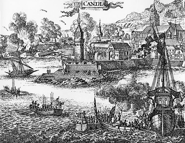 Siege of Candia, today Heraklion, on Crete by the Turks 1669, copper engraving