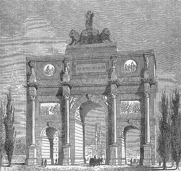 The Siegestor gate in Munich, c. 1876, Bavaria, Germany, historical, digital reproduction of an original 19th century painting, original date unknown, c. 1880