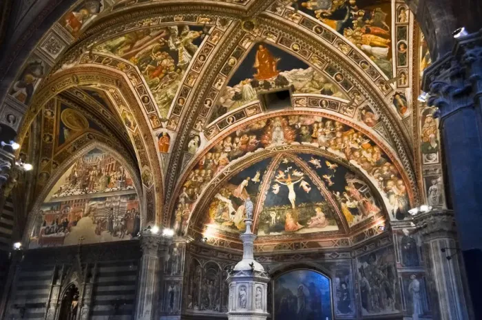 Framed Print : Sienas Baptistry interior with frescoes and font Framed Print : Sienas Baptistry interior with frescoes and font