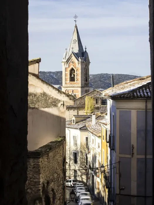 Framed Print : Sight of the Tower of the church of the Salvador in Cuenca, from inside an alley Framed Print : Sight of the Tower of the church of the Salvador in Cuenca, from inside an alley