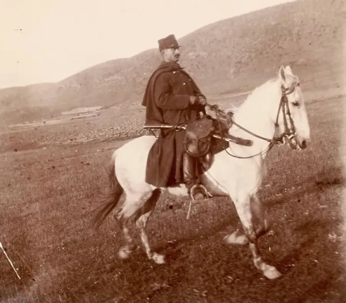 Framed Print : Sightseeing escort, soldier on a horse, white horse, guard, Thessaly, c. 1890, Greece, Historic, digitally restored reproduction from a 19th century original