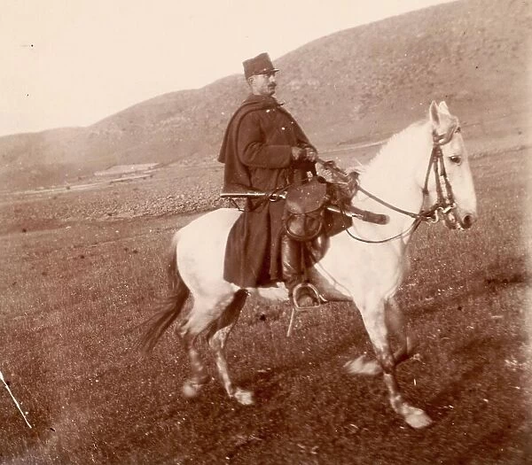 Sightseeing escort, soldier on a horse, white horse, guard, Thessaly, c. 1890, Greece, Historic, digitally restored reproduction from a 19th century original