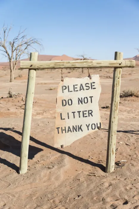 Framed Print : Sign Please do not litter in the parking lot, Sossusvlei, Namib-Skeleton Coast National Park, Namibia