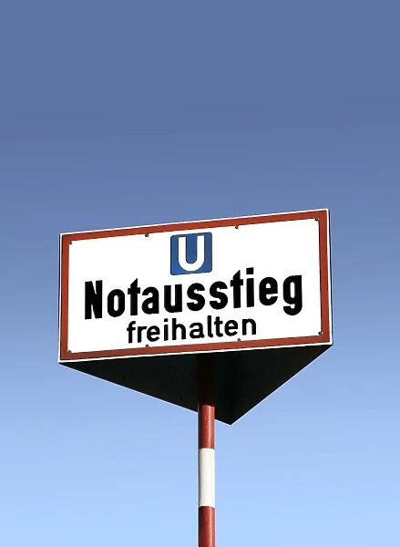 Sign, Notausstieg freihalten, German for emergency exit, keep clear, for an emergency exit of an underground subway tunnel, Germany, Europe