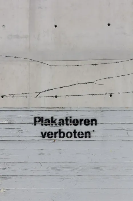 Framed Print : Sign Plakatieren verboten, German for no flyposting with barbed wire Framed Print : Sign Plakatieren verboten, German for no flyposting with barbed wire