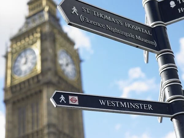 Sign Post In Front Of Big Ben, London, England