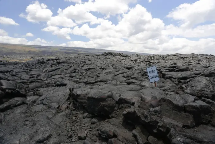 Framed Print : Sign road closed, lava field in the East Rift Zone, Kilauea volcano, Big Island, Hawaii, USA