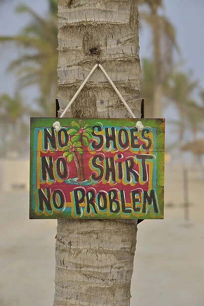 Sign No shoes, no shirt, no problem on the beach of Salalah Rotana Resort, Salalah, Dhofar Region, Oman