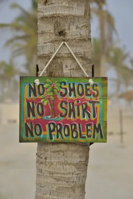 Framed Print : Sign No shoes, no shirt, no problem on the beach of Salalah Rotana Resort, Salalah, Dhofar Region, Oman Framed Print : Sign No shoes, no shirt, no problem on the beach of Salalah Rotana Resort, Salalah, Dhofar Region, Oman