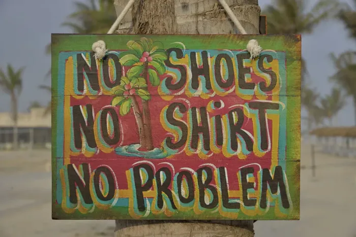 Framed Print : Sign No shoes, no shirt, no problem on the beach of Salalah Rotana Resort, Salalah, Dhofar Region, Oman Framed Print : Sign No shoes, no shirt, no problem on the beach of Salalah Rotana Resort, Salalah, Dhofar Region, Oman
