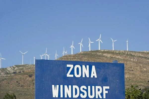 Sign and wind turbines, Tarifa, Costa de la Luz, Andalucia, Spain, Europe
