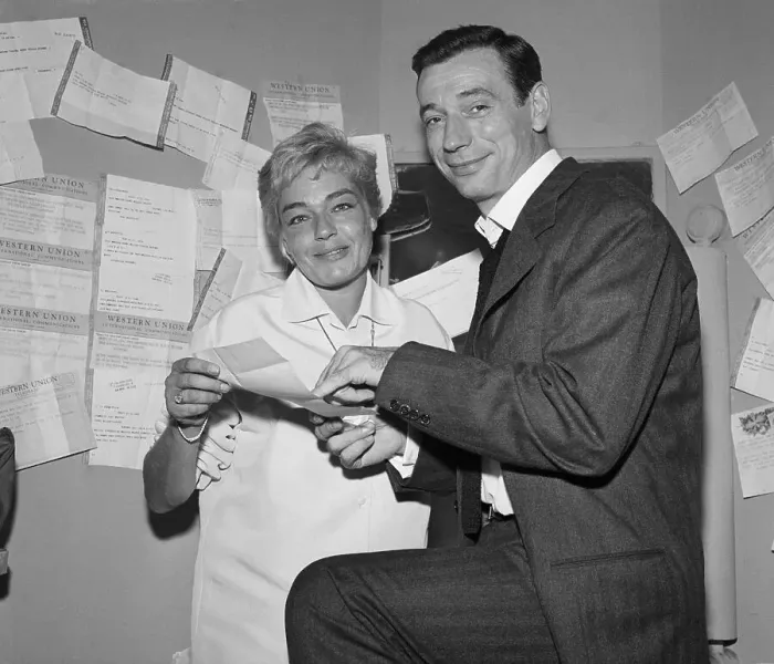 Framed Print : Signoret and Montand Go Through Telegrams
