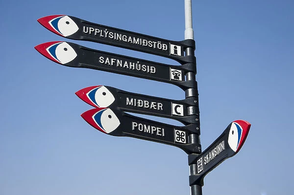 Signposts in the town of Vestmannaeyjar, Heimaey Island, Westman Islands, South Iceland or Suourland, Iceland, Europe