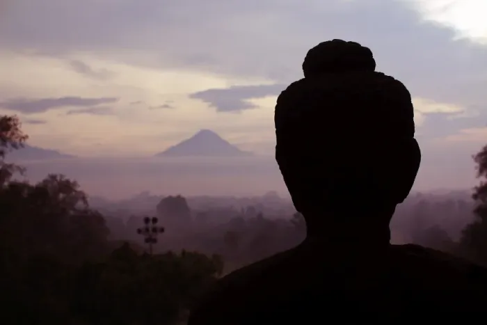 Framed Print : Silhouette of Buddha head at Borobudur Framed Print : Silhouette of Buddha head at Borobudur
