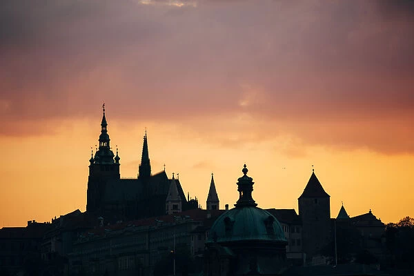 Silhouette of Lesser Town (Mala Strana) at sunset, Prague, Czech Republic