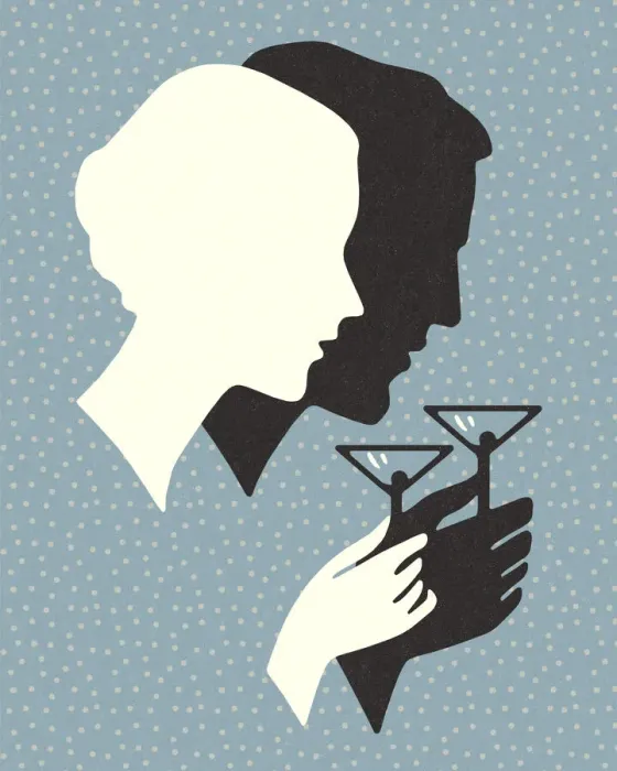 Framed Print : Silhouette of a Man and Woman Drinking a Cocktail