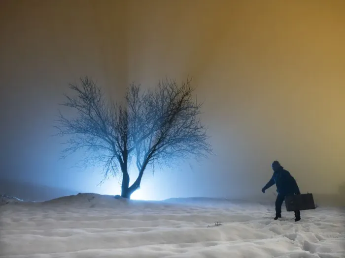 Framed Print : Silhouette of a person walking with a suitcase, for a covered way of snow and fog during the night