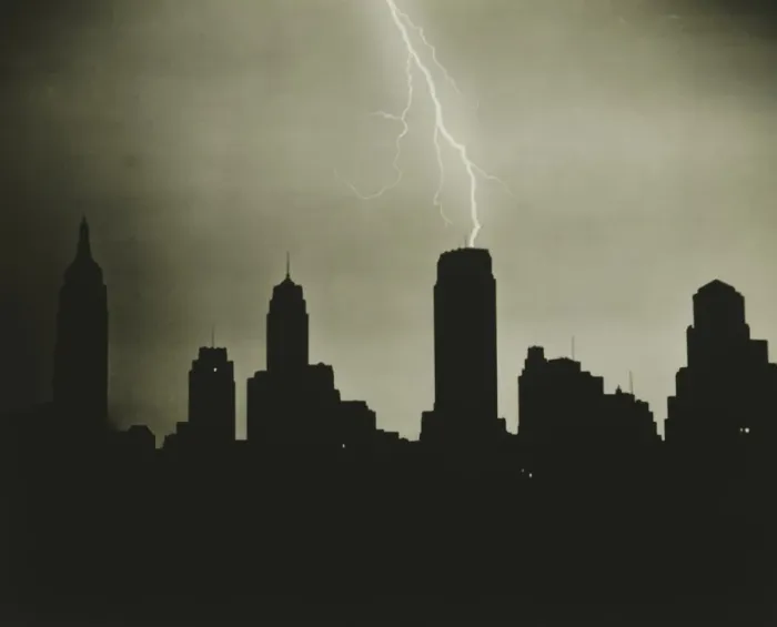 Framed Print : Silhouettes of skyscrapers and lightning on black sky, (B&W) Framed Print : Silhouettes of skyscrapers and lightning on black sky, (B&W)