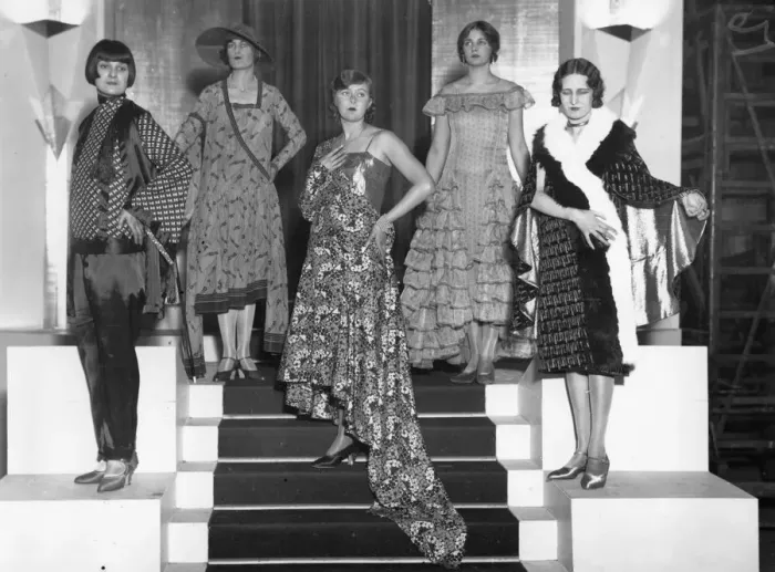 Framed Print : Silk Show. Models wearing outfits all made from artificial silk Framed Print : Silk Show. Models wearing outfits all made from artificial silk