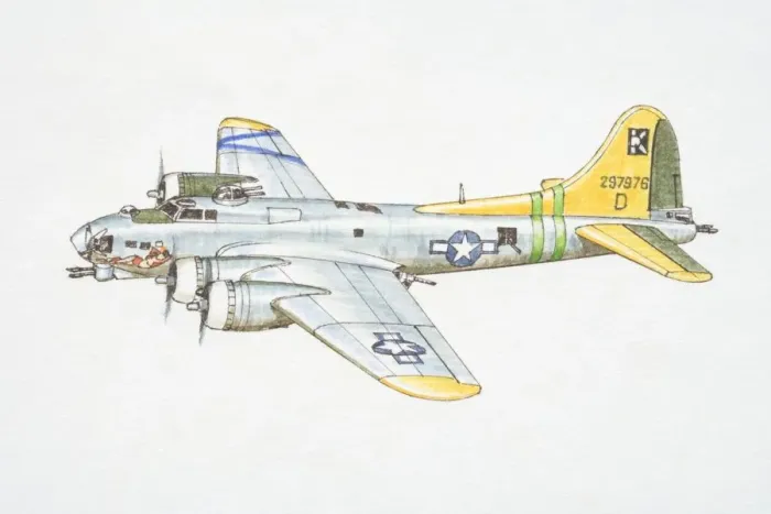 Framed Print : Silver Boeing B-17G American military jet with yellow Tail, side view
