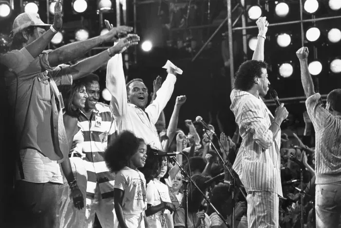 Framed Print : Singers Rejoice on Live Aid Stage Framed Print : Singers Rejoice on Live Aid Stage