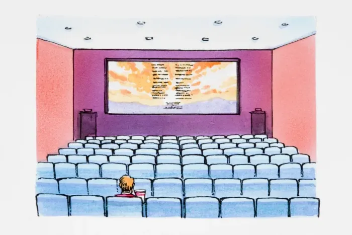 Framed Print : Single person in cinema watching credits Framed Print : Single person in cinema watching credits