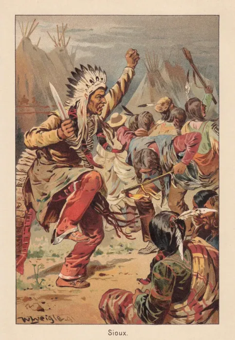 Framed Print : Sioux indian, war dance, lithograph, published in 1891