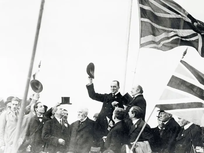 Framed Print : Sir Edward Carson Standing Near Flag Pole with Demonstrators Framed Print : Sir Edward Carson Standing Near Flag Pole with Demonstrators