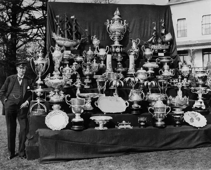 Framed Print : Sir Thomas Lipton Displaying His Trophies Framed Print : Sir Thomas Lipton Displaying His Trophies