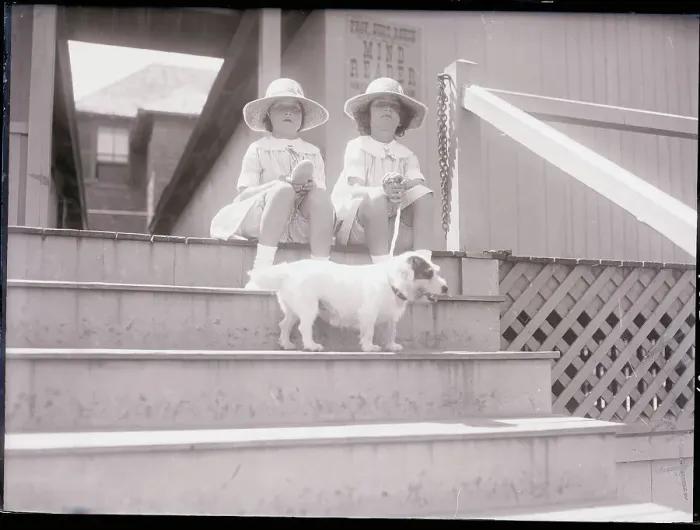 Framed Print : Two Sisters and Their Dog Framed Print : Two Sisters and Their Dog